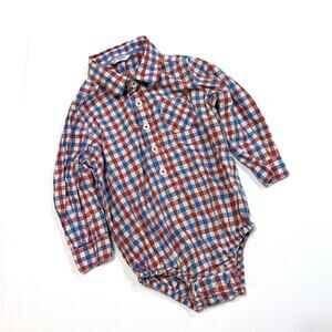 Baby Boden Onesie Boys Size 12-18m Red Blue Plaid Button Down Collar